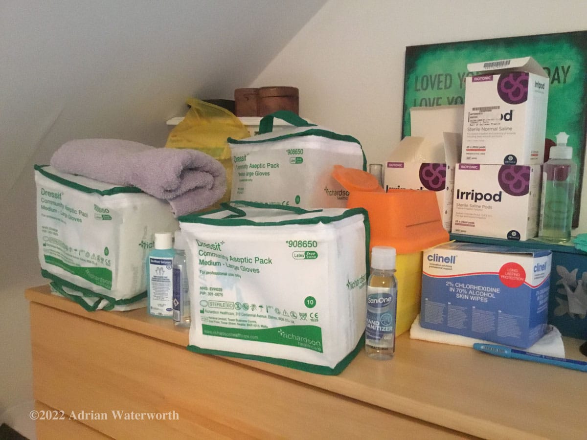 A selection of medical items for maintaining surgical drains